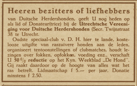 717198 Advertentie van de Utrechtsche Vereeniging voor Duitsche Herdershonden, secretariaat Twijnstraat 38 te Utrecht, ...